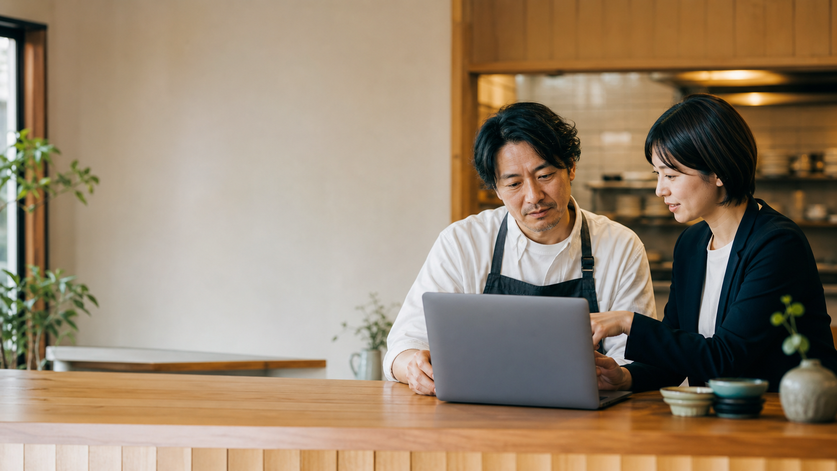 飲食店オーナーがホームページ制作とLINE公式アカウントについてWeb担当者に相談している様子