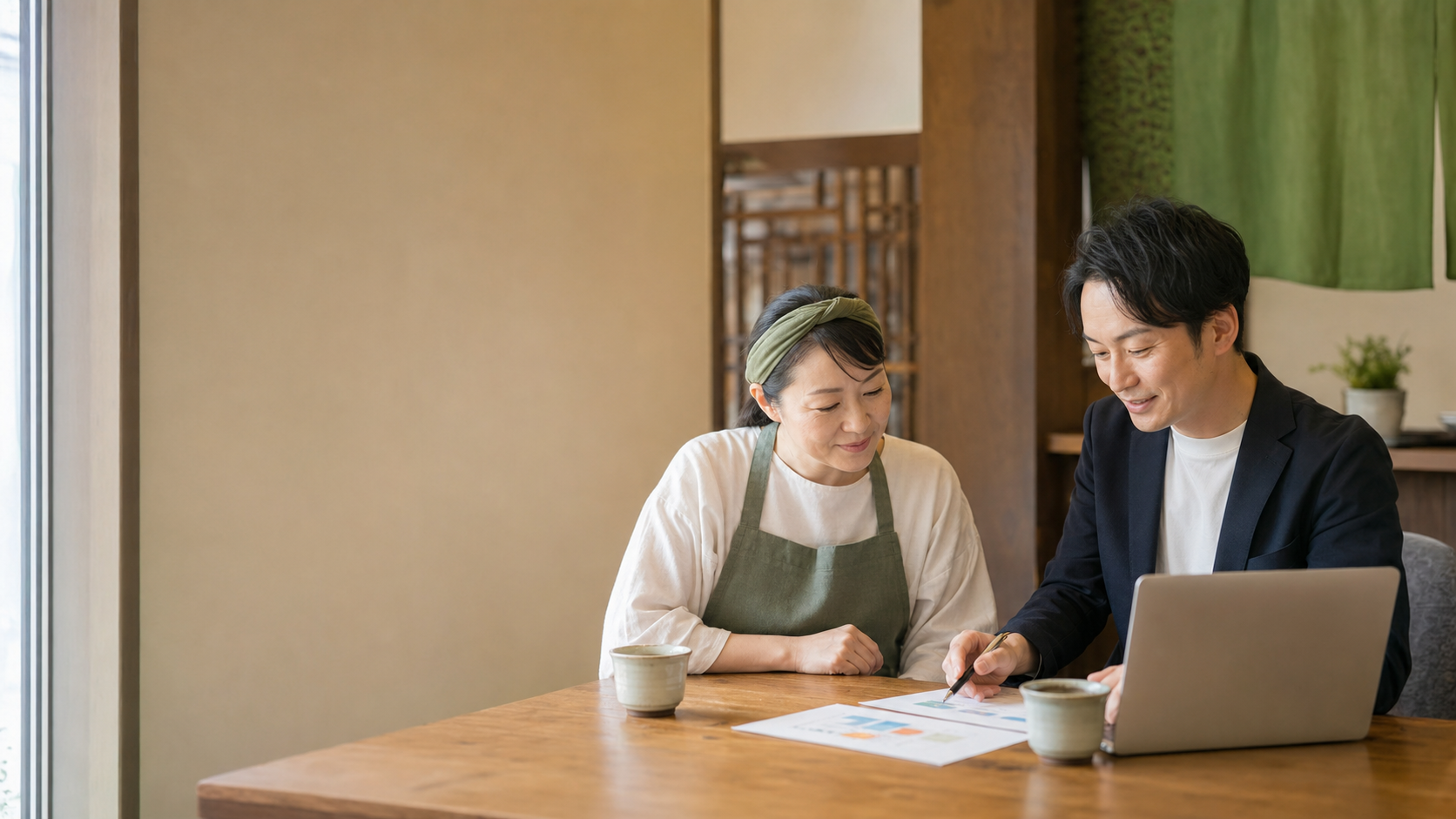 飲食店オーナーとWeb担当者がホームページの改善を一緒に相談する様子